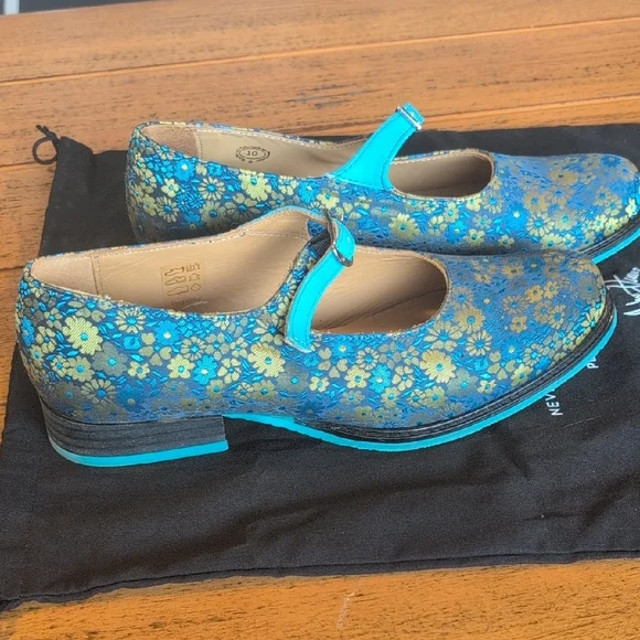 John Fluevog Teal and Gold Floral Mary Jane Flats - Picture 4 of 9